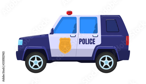 Police special car transport, truck vehicle militia service isolated on white, cartoon vector illustration. Concept icon police force wagon with flashing light, protection population.