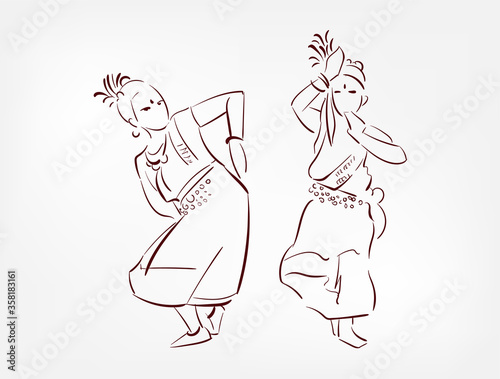 West Bengal state India ethnic indian woman girl dance traditional sketch isolated design element
