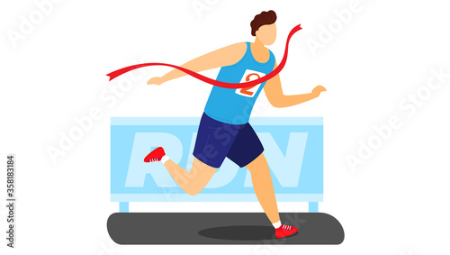 Professional male character running, man first place fleeing championship isolated on white, cartoon vector illustration. Concept championship athletics, race person finish the line.