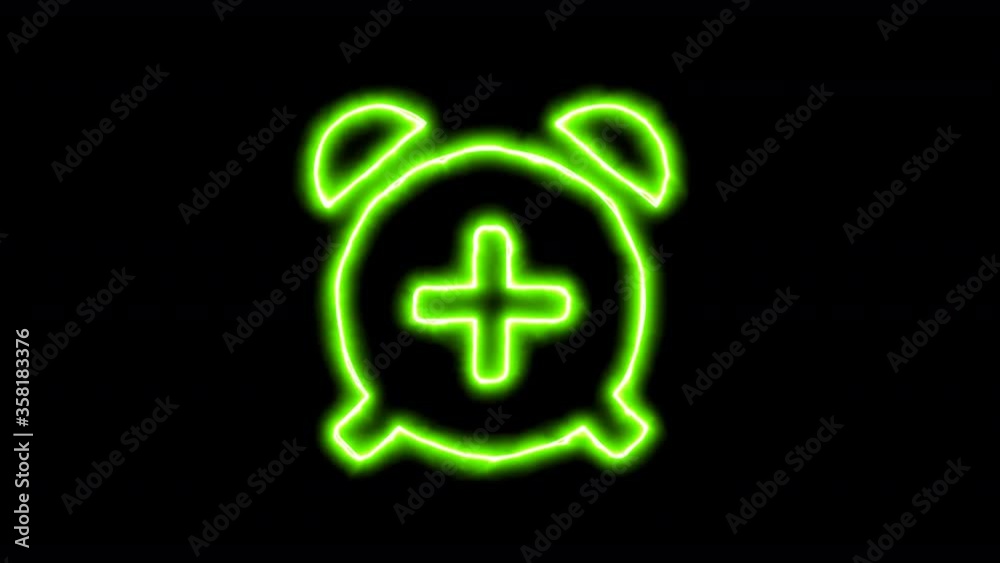The appearance of the green neon symbol alarm plus. Flicker, In - Out. Alpha channel Premultiplied - Matted with color black The appearance of the green neon symbol alarm plus. Flicker, In - Out. Alpha channel Premultiplied - Matted with color black