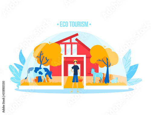Man character farmer stand ecological clean dome, outdoor place for ecotourism isolated on white, cartoon vector illustration. Household kitchen garden country house, free range livestock animal.