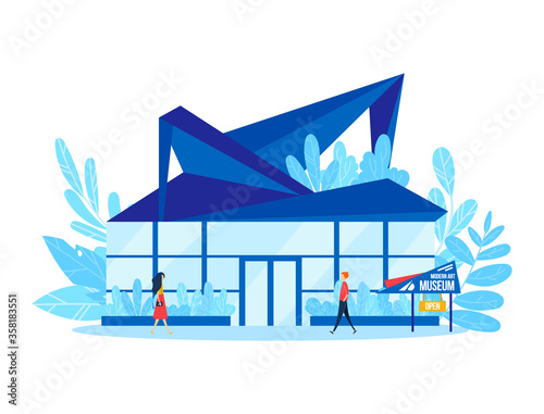 Modern art museum, people character visit conceptually creative gallery building isolated on white, cartoon vector illustration. Tourist travel watch sights country, global world trip.
