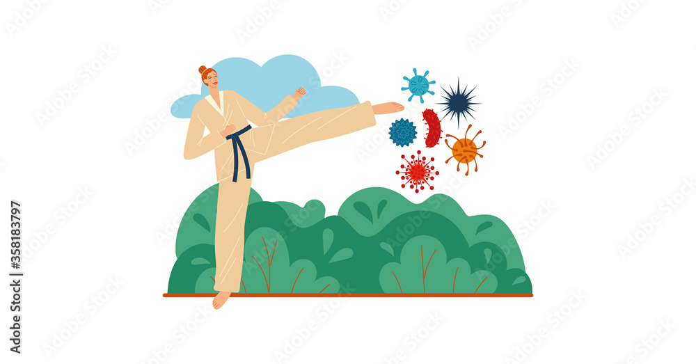 Fototapeta premium Doctors protect citizens from virus vector illustration. People and physician character wearing face mask fight against covid-19, medical worker with shield, front line for coronavirus.