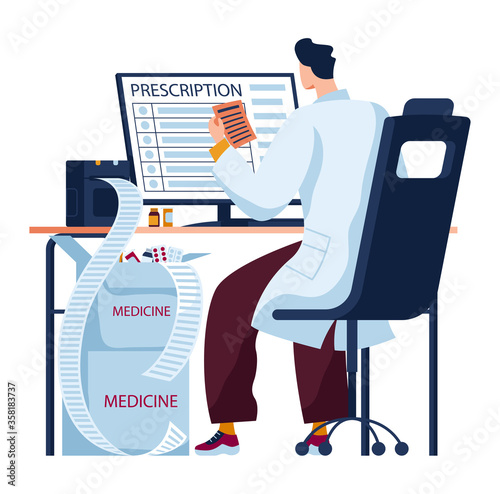 Man doctor, future medicine, inscription prescription on computer screen, cartoon style vector illustration, isolated on white. Medical worker in hospital helping patient onlain, salvation from diseas