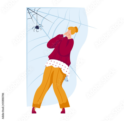 Woman character fear spider, person common phobia terror spinner isolated on white, cartoon vector illustration. Woman stand watch spider web and big arthropoda animal, panic attack.