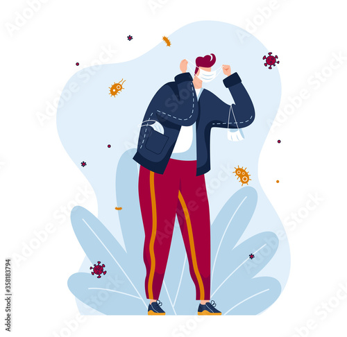 Male character wear medical protective mask, phobia virus pandemic isolated on white, cartoon vector illustration. Panic attack person, man afraid infectious viral hazard on city street.