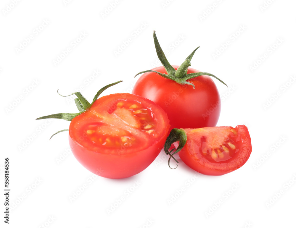 Tasty fresh raw tomatoes isolated on white Tasty fresh raw tomatoes isolated on white