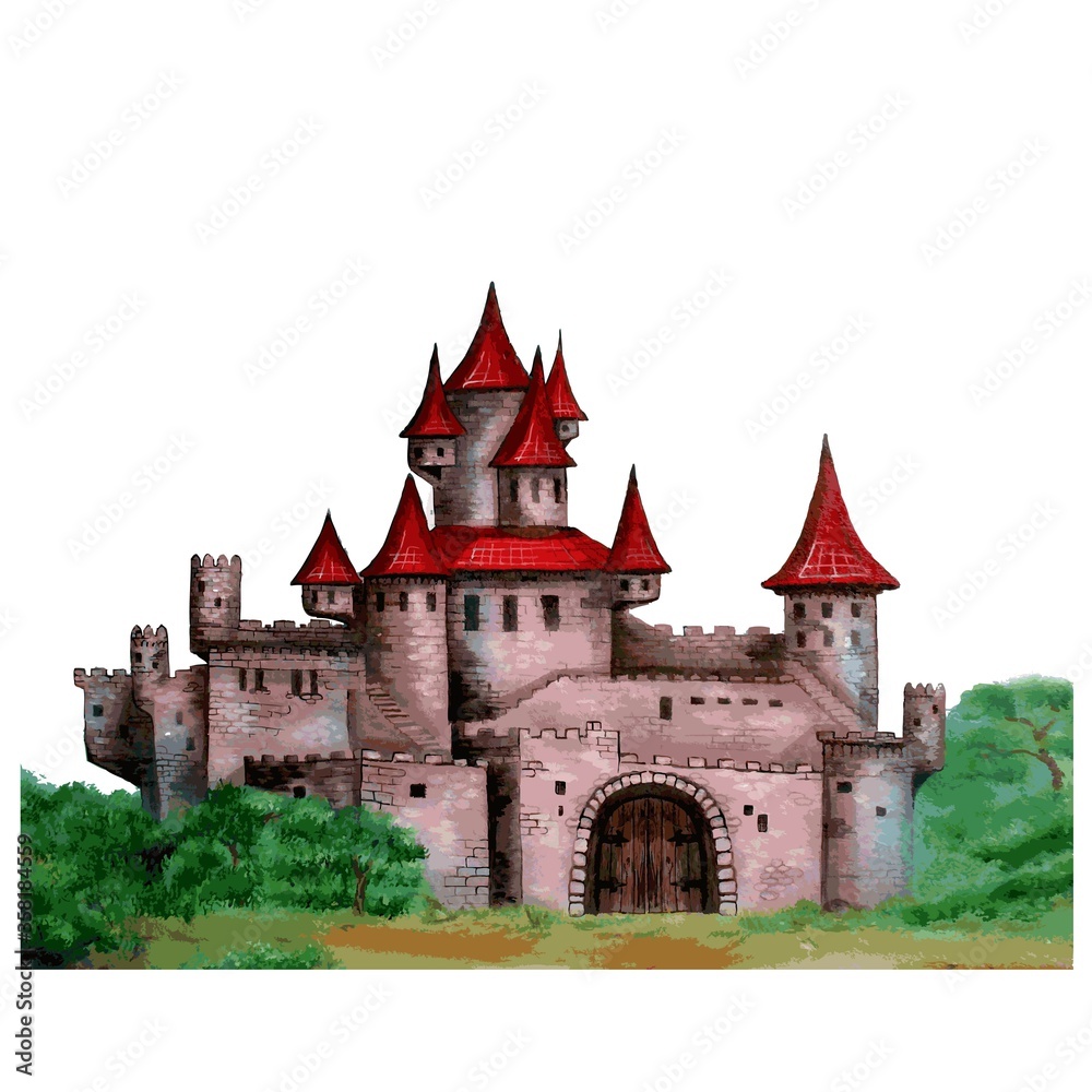 Fairytale castle. Medieval castle isolated on white background. Graphic hand drawing. Vector