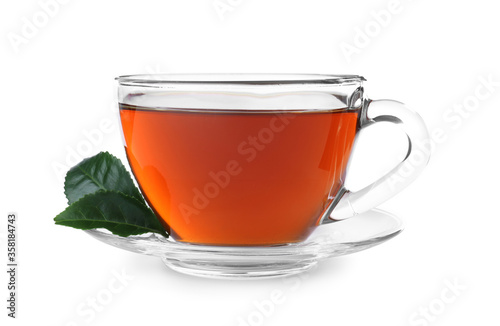Fresh black tea and green leaves isolated on white