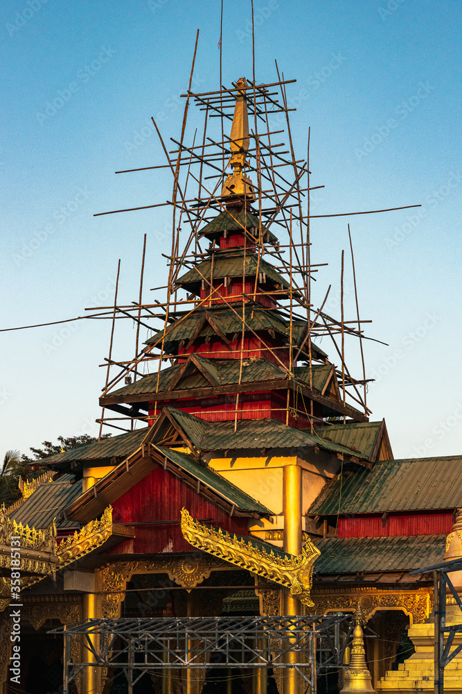 Bamboo Scaffolding On One Of The Colorful Buildings At The Shwesandaw 