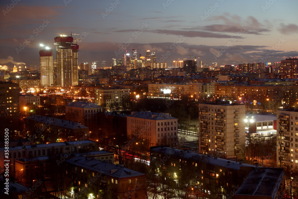 Night city. Moscow apartments at night. Business Center Moscow City. Moscow. Russia.