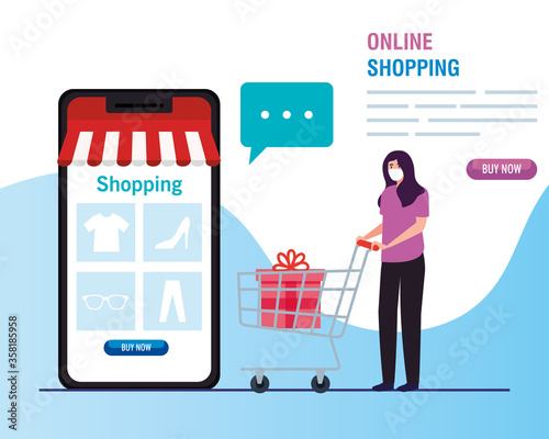 woman buying online during covid 19 , shopping online on website, digital marketing in smartphone, stay safe during coronavirus vector illustration design