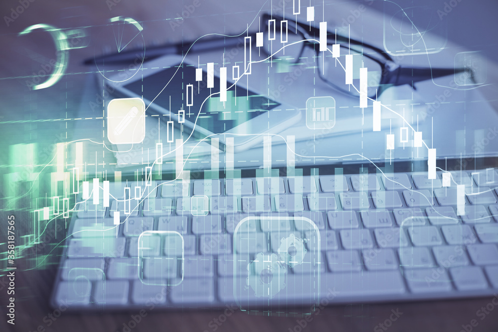 Double exposure of forex chart drawing and cell phone background. Concept of financial trading Double exposure of forex chart drawing and cell phone background. Concept of financial trading