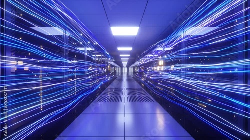 Digital information flows through the network and data servers behind glass panels in the server room of a data center or Internet service provider photo
