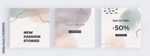 Freehand social media banners with geometric hand painted watercolor shapes. Modern neutral template for flyer, poster, card