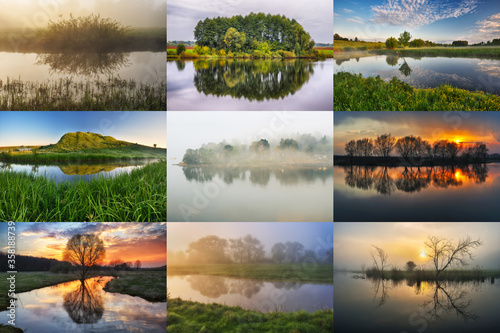 A collection of photos of rivers with a reflection of the coast. Set, Collage