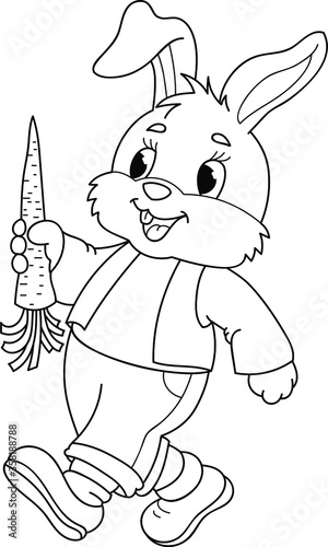 Coloring page outline of cartoon cute rabbit with carrot. Colorful vector illustration, summer coloring book for kids.