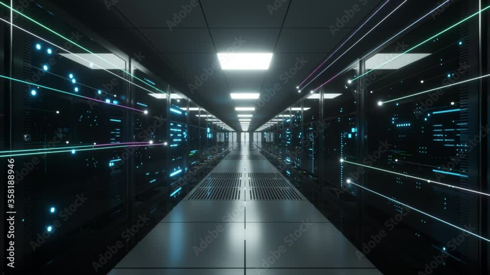 Digital information flows through the network and data servers behind glass panels in the server room of a data center or Internet service provider. High speed digital lines