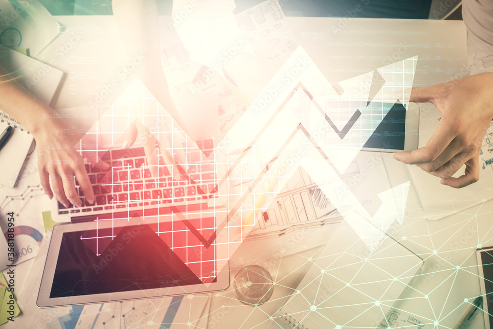 Double exposure of man and woman working together and arrows drawing. Computer background. Top View. Growth concept.