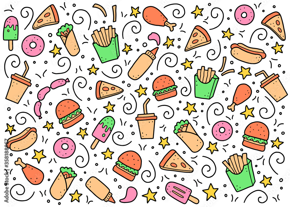 Hand drawn set of fast food elements, burger, pizza, sandwich, hamburger, snack. Comic doodle sketch style. Fast food element drawn by digital brush-pen. Vector illustration for icon, menu, frame Hand drawn set of fast food elements, burger, pizza, sandwich, hamburger, snack. Comic doodle sketch style. Fast food element drawn by digital brush-pen. Vector illustration for icon, menu, frame