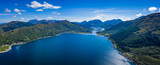 aerial image of the entrance to glencoe, ballachulish and loch leven from loch linnhe on the west coast of the argyll and lochaber region of the highlands of scotland on a clear blue sky summer day