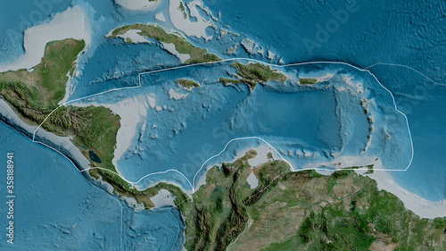 Caribbean tectonic plate - outlined. Satellite