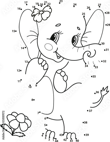 Connect the dots. Elephant. Coloring page outline of the cartoon numbers game. Colorful vector illustration of educational dot to dot game for preschool children, summer coloring book for kids. 