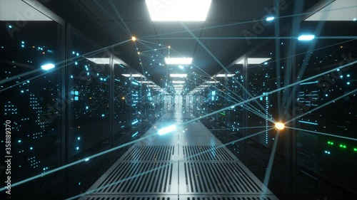 Digital information travels through fiber optic cables through the network and data servers behind glass panels in the server room of the data center. High speed digital lines