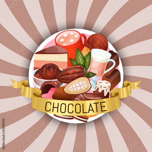 Chocolate concept dessert round pattern on sunburst background, flat vector illustration. Varied candy cake, sweet ice cream glass and cheesecake. Sweet foodstuff cheerfully good mood.