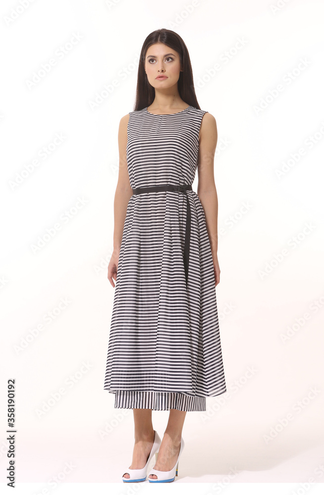 business woman executive posing in formal striped long skirt summer dress business woman executive posing in formal striped long skirt summer dress