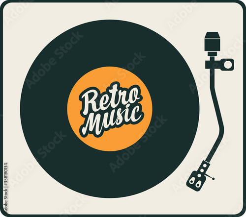 Retro music poster in form of record player with an old vinyl record. Decorative illustration with calligraphic lettering Retro music, suitable for banner, placard, flyer, brochure, card, invitation.