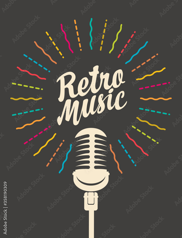 Obraz na plátně Retro music poster with microphone and calligraphic lettering on black background