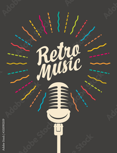 Sticker Retro music poster with microphone and calligraphic lettering on black background