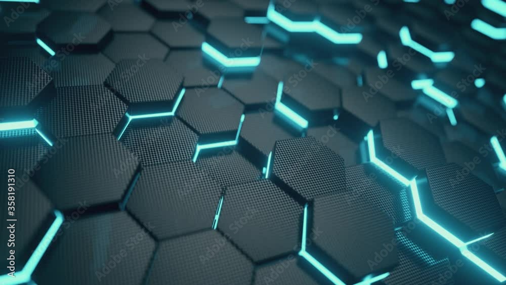 Abstract trendy sci-fi technology background with hexagonal pattern. Futuristic surface concept with hexagons. Seamless loop 3d render.