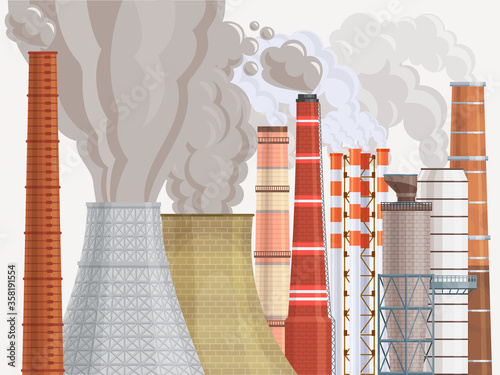 Pollution environmental contamination factory chimney flat vector illustration. Dirty air factory area damage to ecological surrounding. Manufacture urban scape pipeline, plant territory.