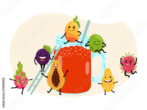 Fresh summer tropical juice fruit concept isolated on white, flat vector illustration. Asian papaya watermelon dragon fruit lychee and plum, healthy smoothies drink. Mug of can with tube.