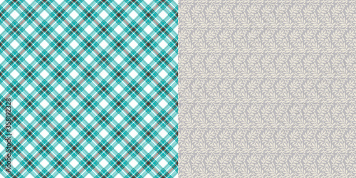 AS_Pattern_set_Seamless_Gray_Floral_Print_Coordinated_Turquoise_Plaid_Background