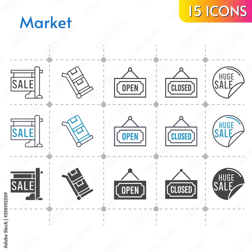 market icon set. included sale, closed, open, trolley icons on white background. linear, bicolor, filled styles.