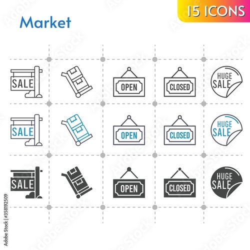 market icon set. included sale  closed  open  trolley icons on white background. linear  bicolor  filled styles.
