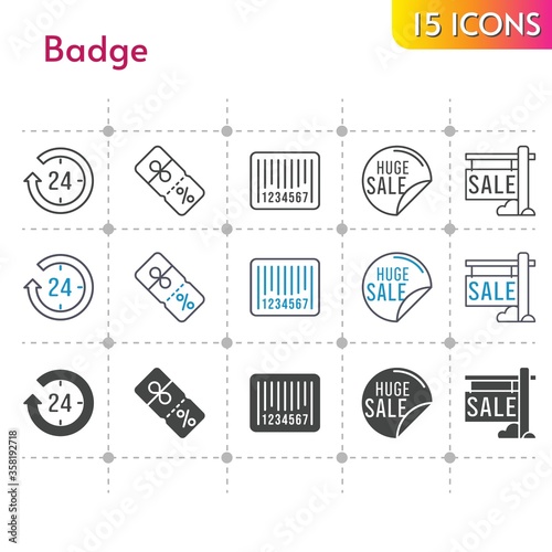 badge icon set. included 24-hours, sale, discount, barcode icons on white background. linear, bicolor, filled styles.