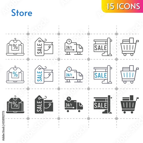 store icon set. included online shop, shopping bag, sale, shopping cart, delivery truck icons on white background. linear, bicolor, filled styles.