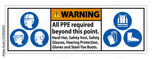 Warning PPE Required Beyond This Point. Hard Hat, Safety Vest, Safety Glasses, Hearing Protection