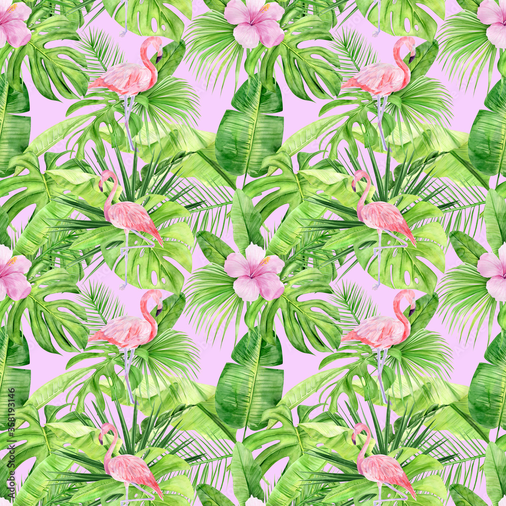 Fototapeta premium Watercolor illustration seamless pattern of tropical leaves and pink flamingo. Perfect as background texture, wrapping paper, textile or wallpaper design. Hand drawn