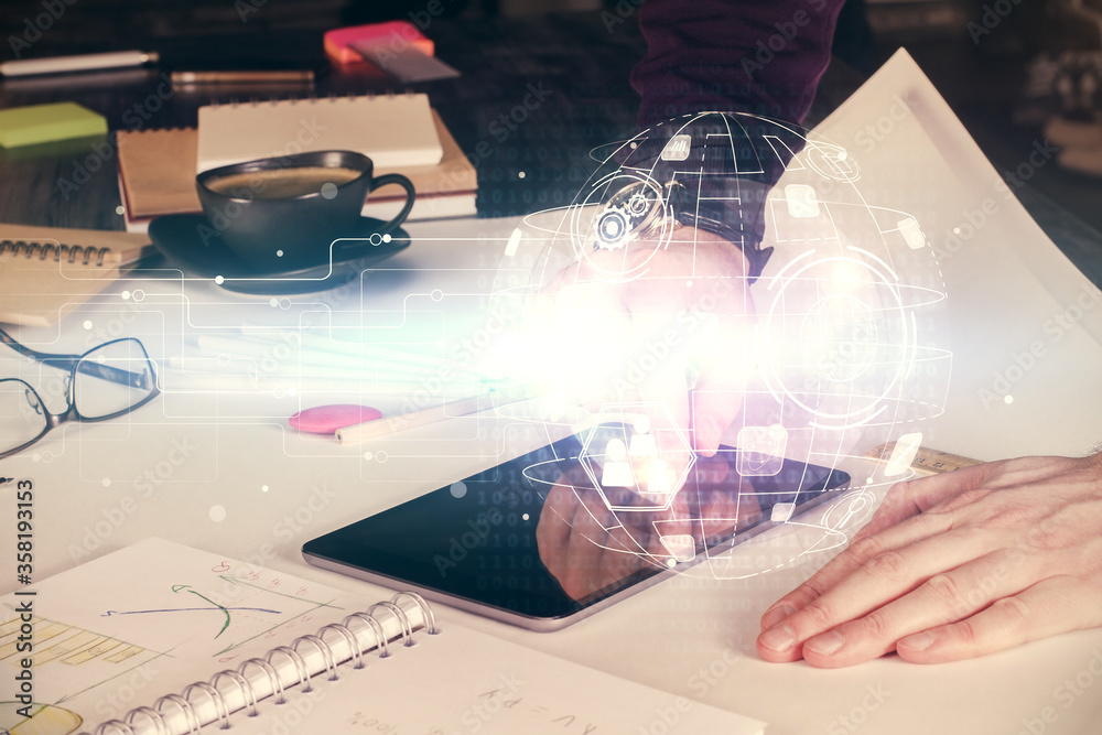 Double exposure of man's hands holding and using a phone and social network theme drawing. Double exposure of man's hands holding and using a phone and social network theme drawing.