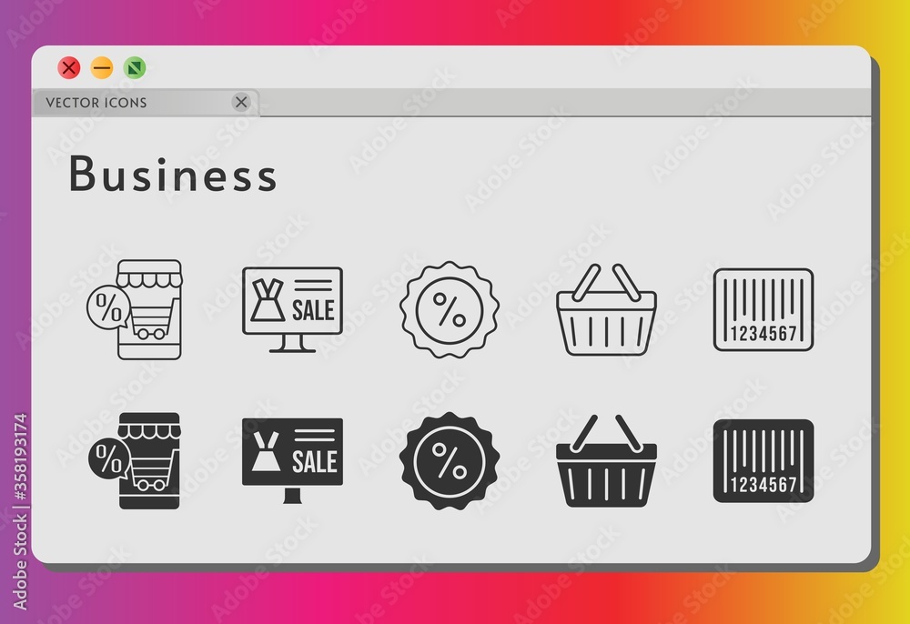 Fototapeta premium business icon set. included online shop, discount, shopping-basket, barcode, shopping basket icons on white background. linear, filled styles.