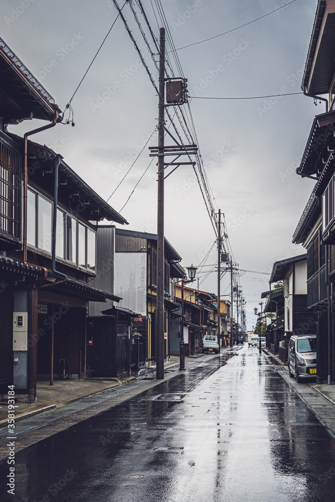 Street in a small Japanese town of Hida after torrential rain.