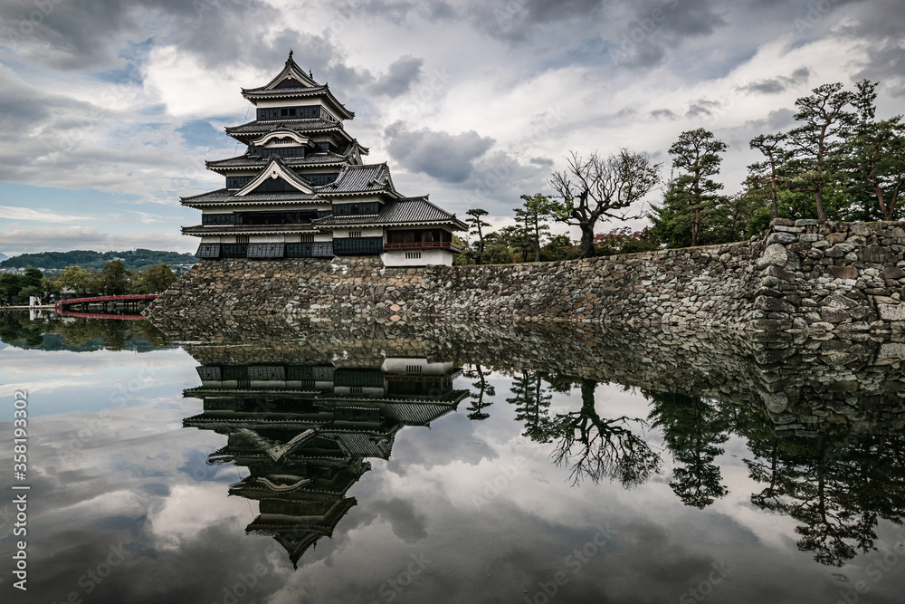 Wide angle shot of Matsumoto Castle from afar reflecting in the moat on a cloudy day with dramatic sky.