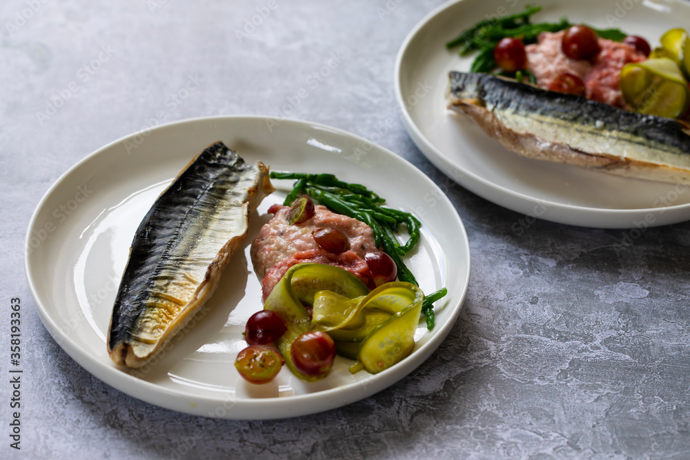 Grilled mackerel with gooseberry ketchup, pickled cucumber and whole gooseberries and samphire Grilled mackerel with gooseberry ketchup, pickled cucumber and whole gooseberries and samphire