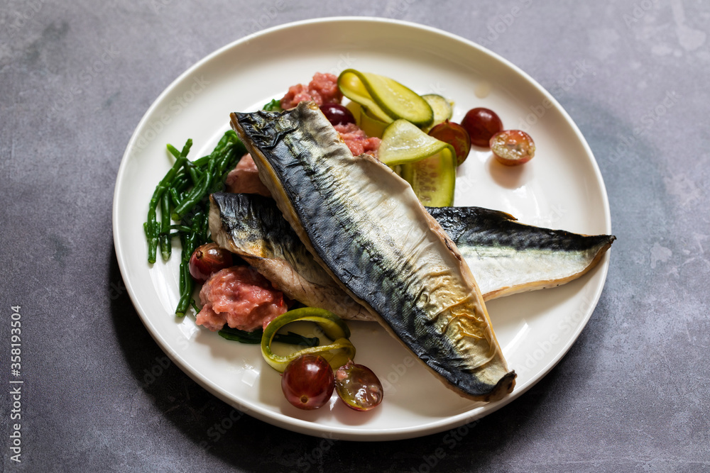 Grilled mackerel with gooseberry ketchup, pickled cucumber and whole gooseberries and samphire Grilled mackerel with gooseberry ketchup, pickled cucumber and whole gooseberries and samphire