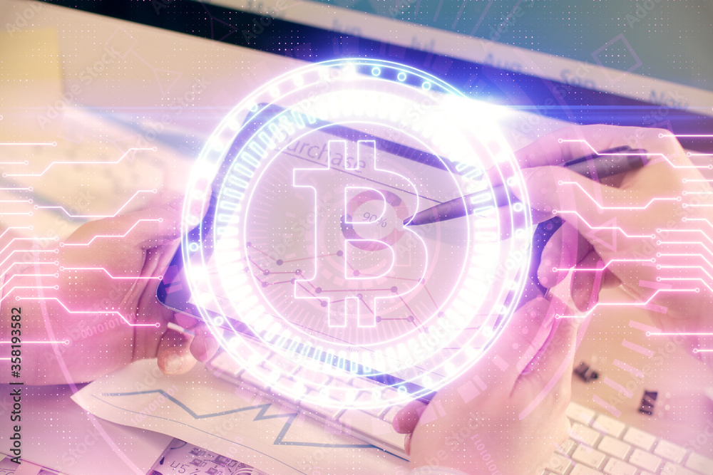 Double exposure of man's hands holding and using a phone and crypto currency blockchain theme drawing. Double exposure of man's hands holding and using a phone and crypto currency blockchain theme drawing.